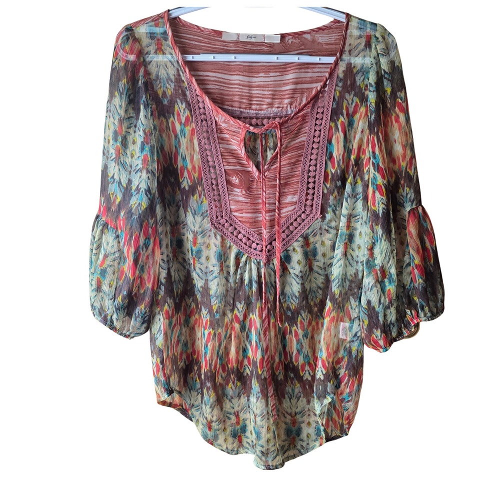 Gibson Boho Sheer Peasant Blouse Women's M Floral Crochet Tie Neck Size M